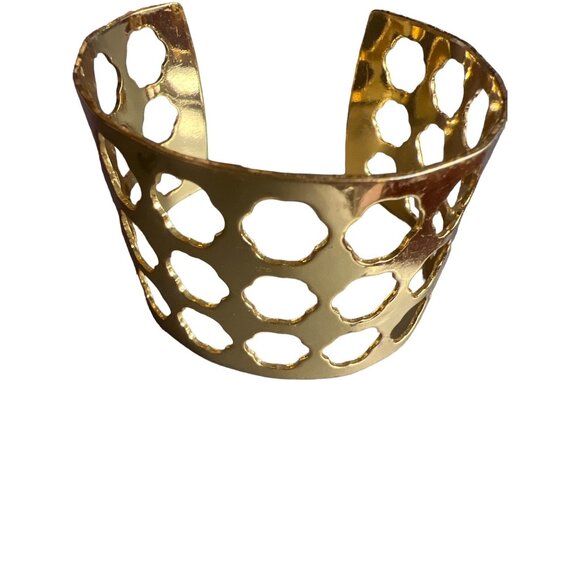 Gold Tone Bracelet Cut Out Bangle Statement Open - Picture 1 of 15